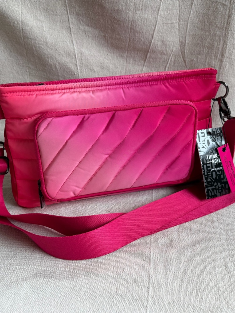 NWT Think Royln Bank Street Puffer Crossbody Bag Pink Ombré RFID Pouch Quilted